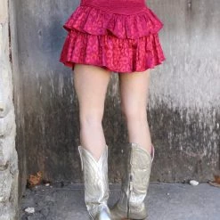 EEsome Apparel Wine Satin Leopard Ruffled Mini Skirt