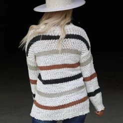 Bibi Striped Wide Neck Bubble Sleeve Sweater Apparel