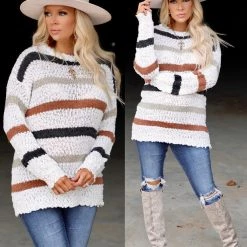 Bibi Striped Wide Neck Bubble Sleeve Sweater Apparel
