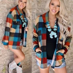 Bibi Cool Tones Multi-Checkered Button Front Top