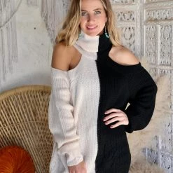 Bibi Apparel Half & Half Turtleneck Cold Shoulder Top