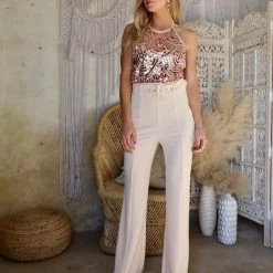 Trend Notes Apparel Cream High Rise Belted Flare Pants