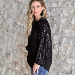 7th Ray Apparel Black Sequin Bishop Long Sleeve Top