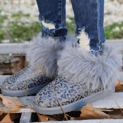 Very G Gray Metallic Leopard Fur Ankle Boots