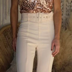 Trend Notes Apparel Cream High Rise Belted Flare Pants