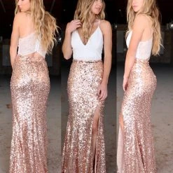 Maniju Rose Gold Sequin Slit Leg Maxi Skirt Apparel