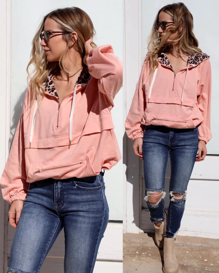 Main Strip Rose 1/2 Zip Leopard Contrast Hoodie Apparel