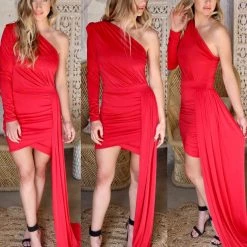 Cameo Apparel Red Ice One Shoulder Sash Dress