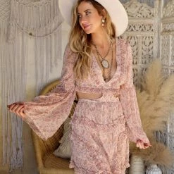 Sweet Lemeon Taupe Paisley Cut-Out Lace-Up Back Dress
