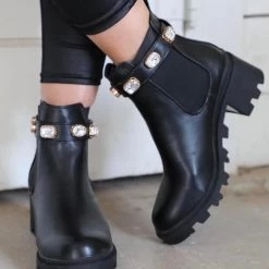 Stella Shoes Black + Gold Rhinestone Boots Black And Boujee