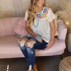 Thml Cessy Cream Embroidered + Flowers Top Apparel