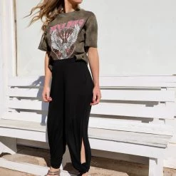 7th Ray Black Split Side Tied Hem Pants