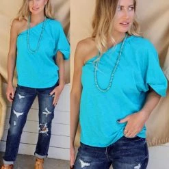 Bibi Jade Blue Jersey Knit One Shoulder Top