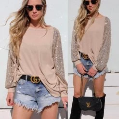 7th Ray Apparel Khaki Sequin Bishop Long Sleeve Top