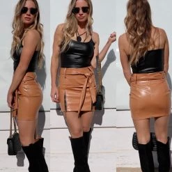 Beston Tan PU Leather Mini Skirt