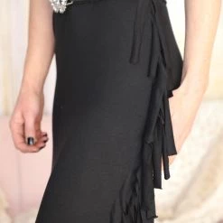 Blue Buttercup Black Side Fringe Maxi Skirt Apparel