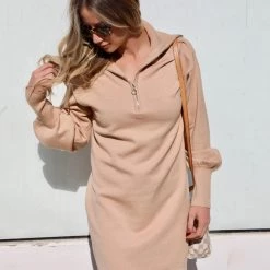 Lumiere Tan Quarter Zip Collared Dress