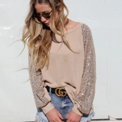 7th Ray Apparel Khaki Sequin Bishop Long Sleeve Top
