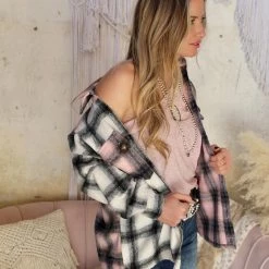 WannaB Apparel Pink + Gray Two-tone Plaid Shacket