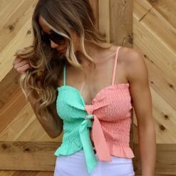 Bibi Peach + Mint Smocked Ribbon Crop Top