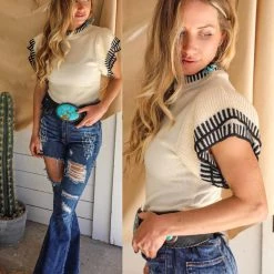 Hidden Brand Apparel Black Or Ivory Two Layer Edge Sweater Top