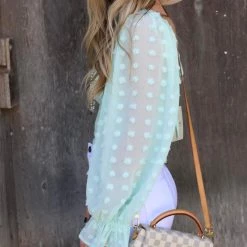 Eesome Apparel Mint Tuft Sleeve Polka Dot Bodysuit