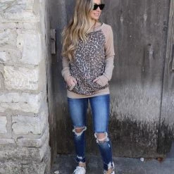 First Love Apparel Taupe Leopard Kangaroo Pocket Raglan Top