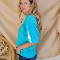 Bibi Jade Blue Jersey Knit One Shoulder Top