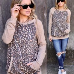First Love Apparel Taupe Leopard Kangaroo Pocket Raglan Top