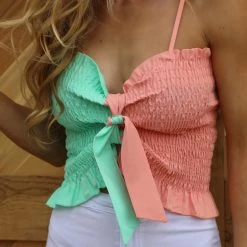 Bibi Peach + Mint Smocked Ribbon Crop Top