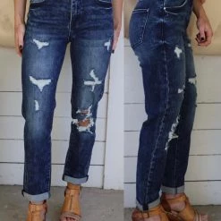 Petra 153 Apparel Indigo Dark Distressed Mom Jeans