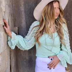 Eesome Apparel Mint Tuft Sleeve Polka Dot Bodysuit