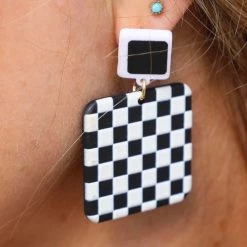 The Lace Cactus Black + White Square Checkered Post Earrings Jewelry