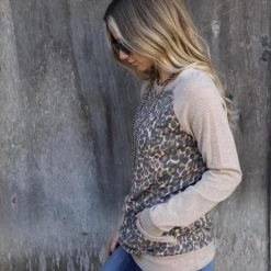 First Love Apparel Taupe Leopard Kangaroo Pocket Raglan Top