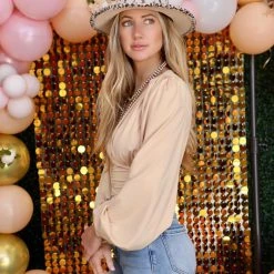 Hidden Brand Apparel Beige V-neck Balloon Sleeve Bodysuit