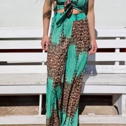 Miss Avenue Apparel Leopard Green Chiffon Smocked Top + Palazzo Pant Set