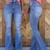 Cello The Devyn Silver Button Distressed High Rise Flare Jeans