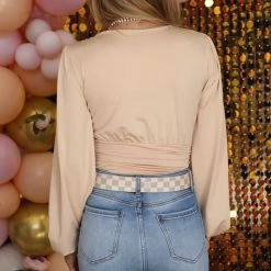 Hidden Brand Apparel Beige V-neck Balloon Sleeve Bodysuit