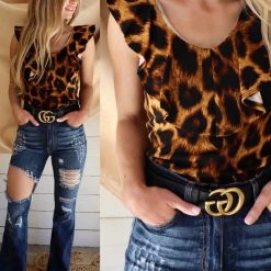 L & B Amber Leopard Flounce Neck Bodysuit