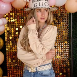 Hidden Brand Apparel Beige V-neck Balloon Sleeve Bodysuit