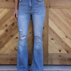 Cello The Devyn Silver Button Distressed High Rise Flare Jeans