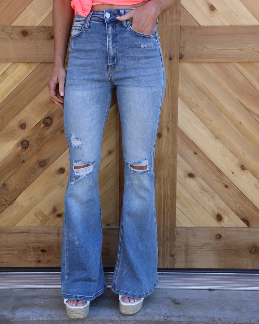 Cello The Devyn Silver Button Distressed High Rise Flare Jeans