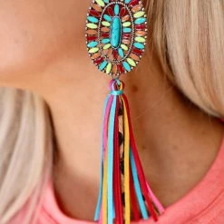 The Lace Cactus Jewelry Multicolored Concho Stone Tassel Earrings