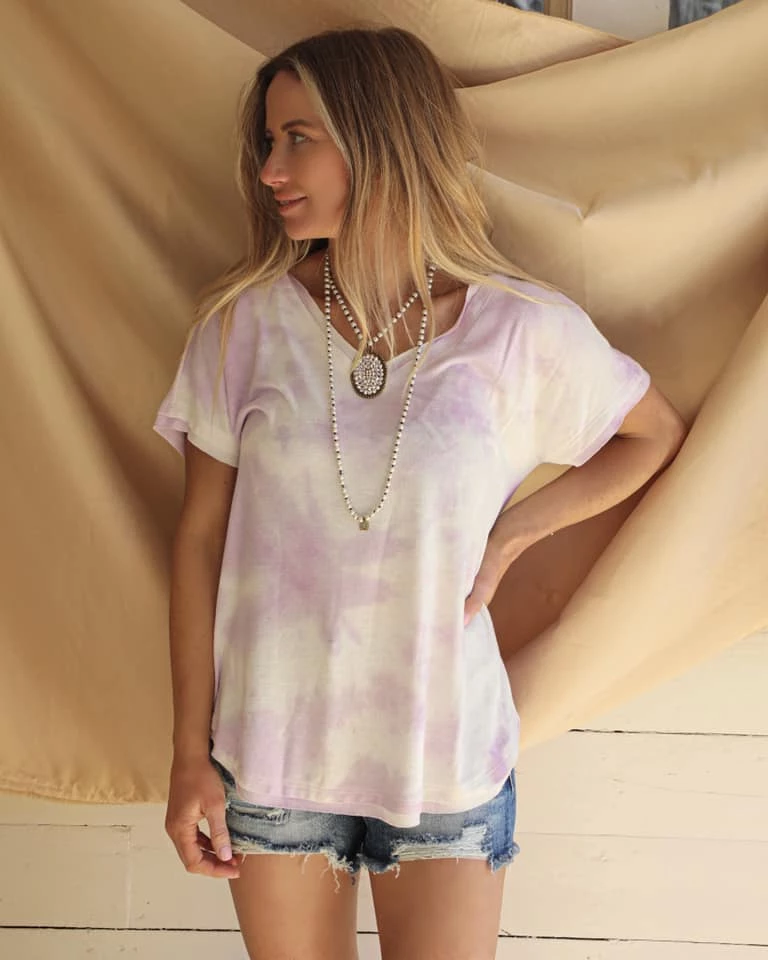 First Love Apparel Purple Tie-dye Raw Edge V-neck Tee