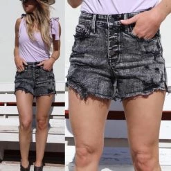 Petra 153 Black Acid Wash High Rise Distressed Shorts