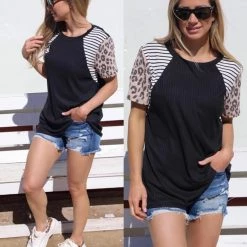 Haptics Black, Striped + Leopard Color Block Tee