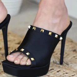 Wild Diva Lounge Black And Boujee Black + Gold Spiked High Heels