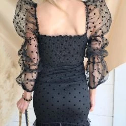 LoveSong Black Polka Dot Smocked Puff Sleeve Dress