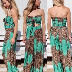 Miss Avenue Apparel Leopard Green Chiffon Smocked Top + Palazzo Pant Set