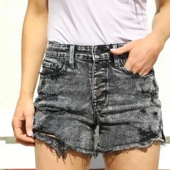 Petra 153 Black Acid Wash High Rise Distressed Shorts
